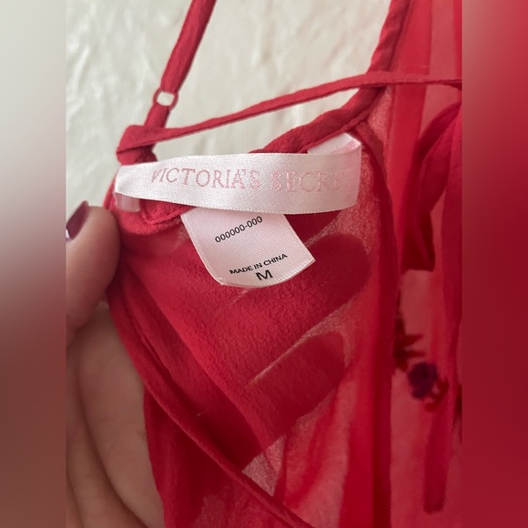 Victoria’s Secret 100% Silk Red Sheer Chemise Gold Floral Embroidery Vintage; M - Picture 7 of 10